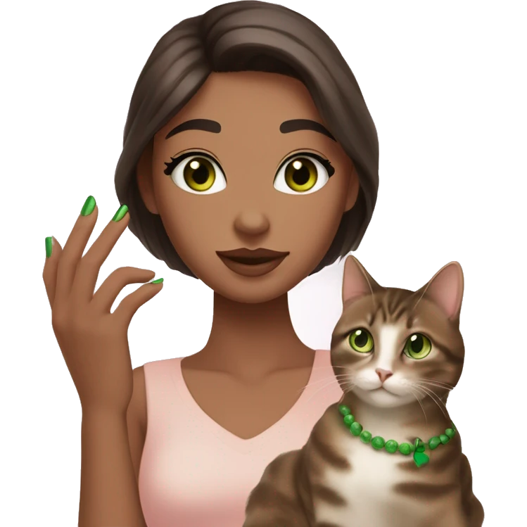 A girl with green eyes and dark brown straight hair, and makeup nude lipstick  and eyelashes, slightly tanned, oval light pink fingernails ,white top, holding a brown tabby cat with green eyes  emoji
