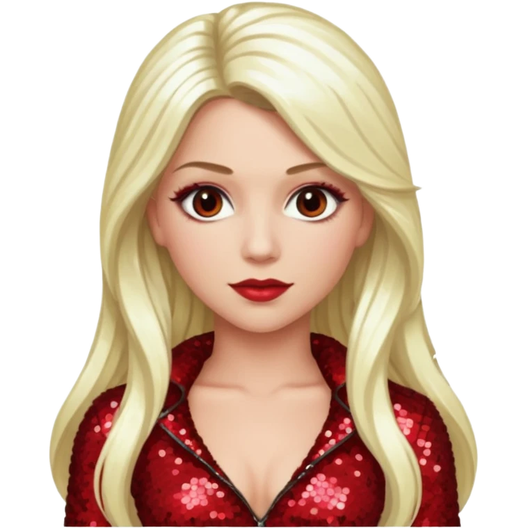Tiffany Valentine with long platinum blonde hair, dark red sequin outfit emoji
