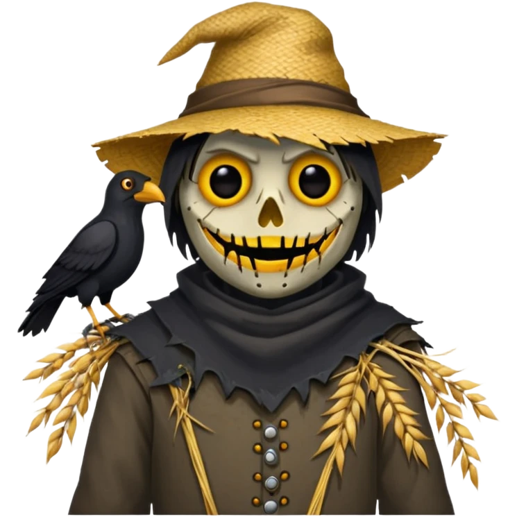 Scarecrow, Torn clothes, stitched mouth, glowing eyes, crow perched on shoulder. emoji