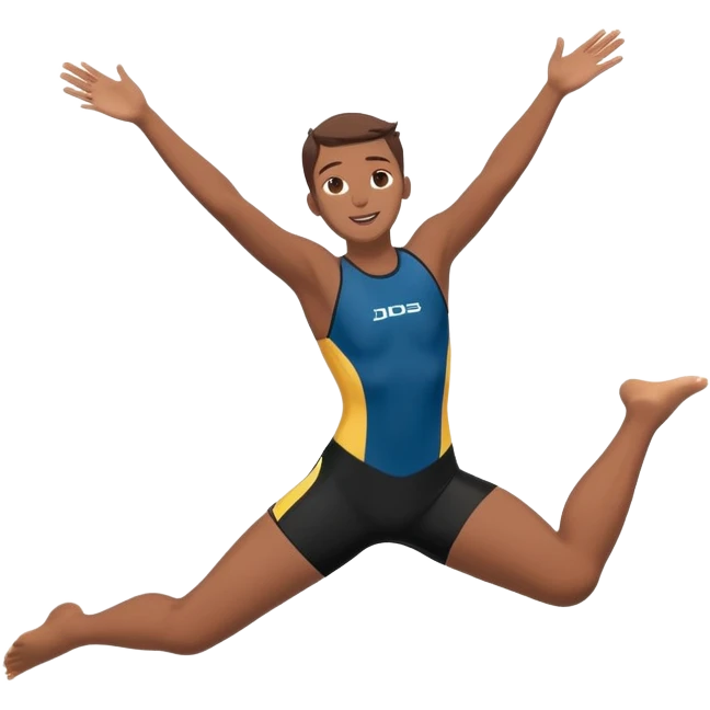A young person leaps boldly into a pool named “Confidence,” arms wide, surrounded by skilled divers mid-air. Though less experienced, their fearless energy shines, symbolizing the courage to grow alongside greatness. emoji