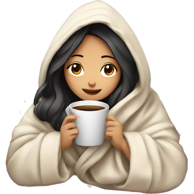 Asian girl wrapped in cozy blanket drinking coffee emoji