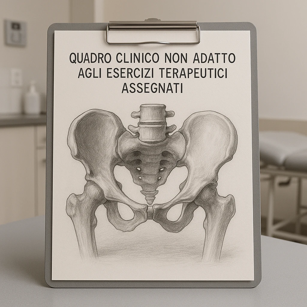 realistic drawing of a human pelvis tilted in the center on a sheet of paper in a clinical environment, with the title at the top written 'quadro clinico non adatto agli esercizi terapeutici assegnati', realistic details, professional atmosphere, neutral background emoji
