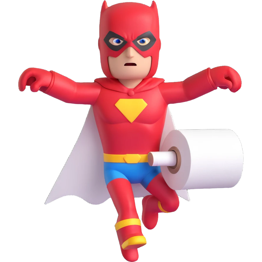 toilet roll superhero, flying, arms forward, mask, bright colors, cartoon style emoji