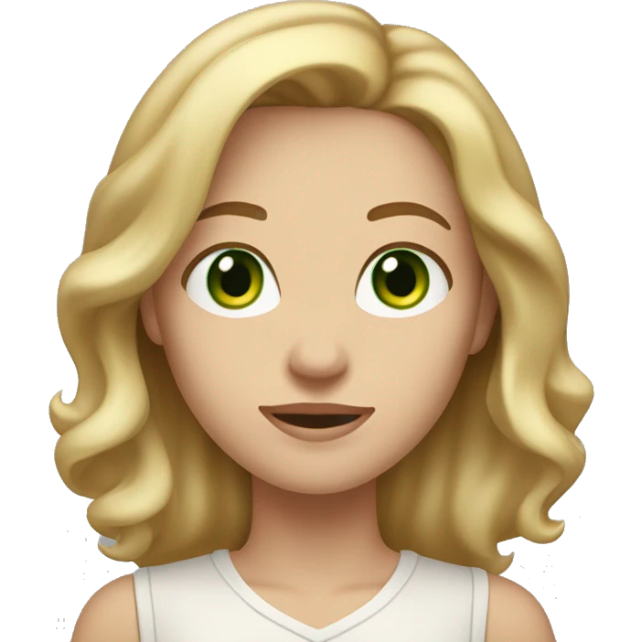 A woman with shoulder-length, wavy blonde hair, green eyes, and fair skin. She is wearing a light-colored shirt and has a neutral to slightly smiling expression. emoji