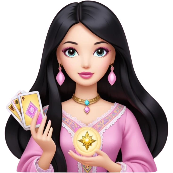 long black hair barbie with light pink tarot cards emoji