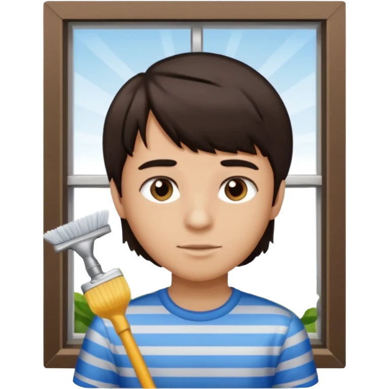 boy dark brown hair with bangs with straight eyebrows cleaning emoji