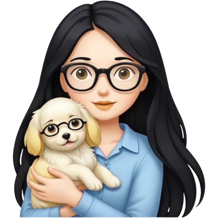 A beautiful girl with long black hair and glasses is holding a long-haired white and yellow puppy emoji