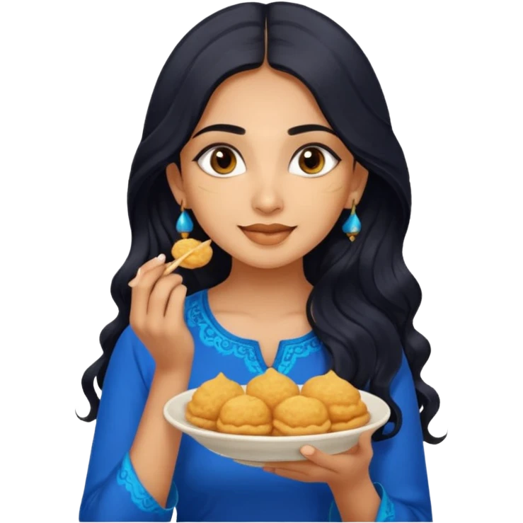 a pretty tan indian bratz girl with wavy long BLACK hair. eyeliner on, wearing a blue kurti, eating golgappa. NO SPOON emoji