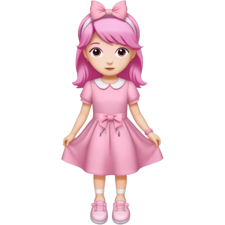 A girl wear a a pink pink dress and pink wacth and a pink hairband and a white shoes emoji