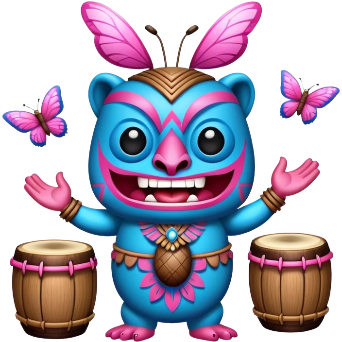 Cartoon Blue and pink tiki singing with butterfly and bongos emoji