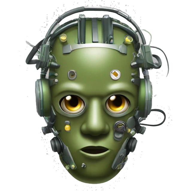Olive green mohawk cyborg head with respirator mask and circuits emoji