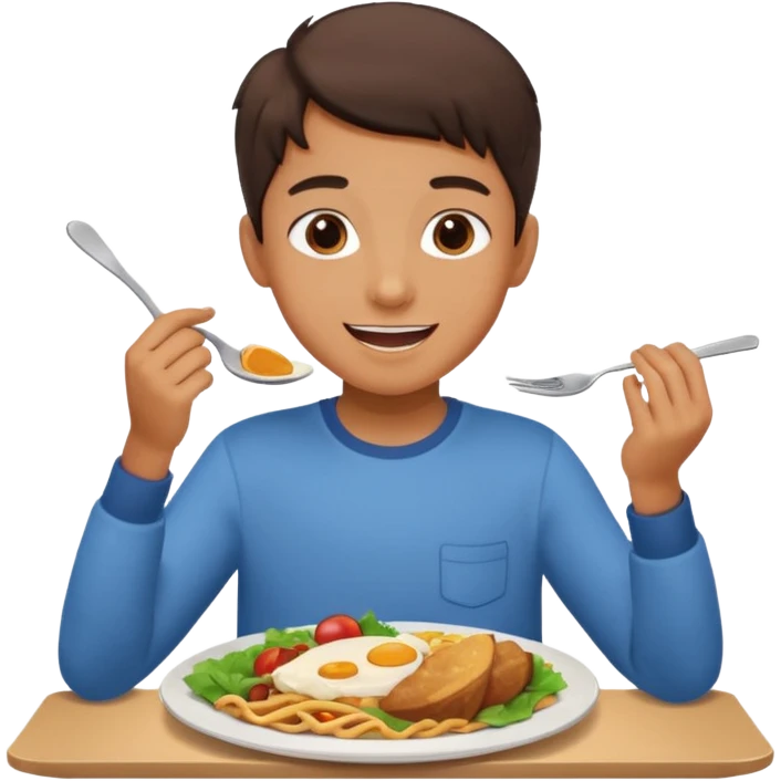 middle school student eating a meal at a table, happy expression, plate of food emoji