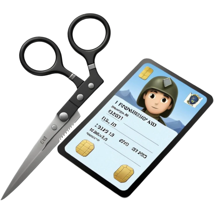 Floating black Scissors cutting in half an idf soldier ID card with a little chip in 2 parts emoji
