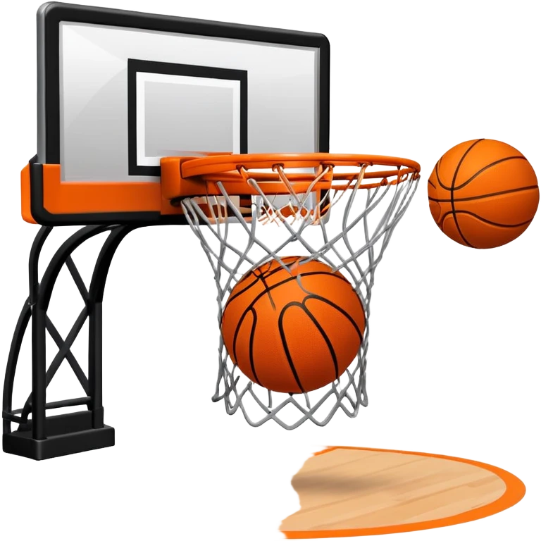 A close-up shot of a basketball entering the hoop, with the ball swishing through the net. The background features a blurred basketball court, emphasizing the perfect shot and the excitement of the game. emoji