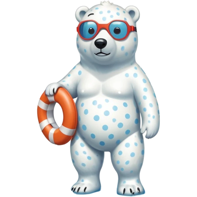 full body friendly anthropomorphised polar bear wearing polka dot swim shorts and swim goggles, standing in a puddle and holding a life buoy emoji