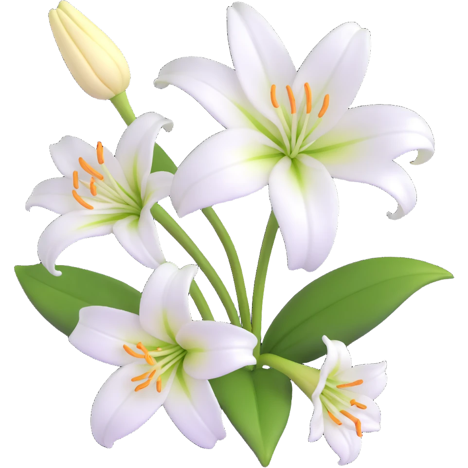 Detailed white lily flower with botanically correct six petals and six stamens, realistic appearance emoji