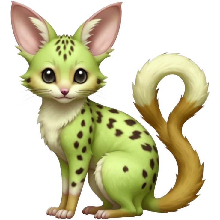 Light-neon-green, soft realistic romantic vintage antique divine beautiful elegant pretty precious cute young youthful  Fakémon-Pokémon-opossum-feline-mouse-serval-caracal-chinchilla-Minccino-Cinccino-Meowstic-rodent-hybrid-creature (full body) emoji