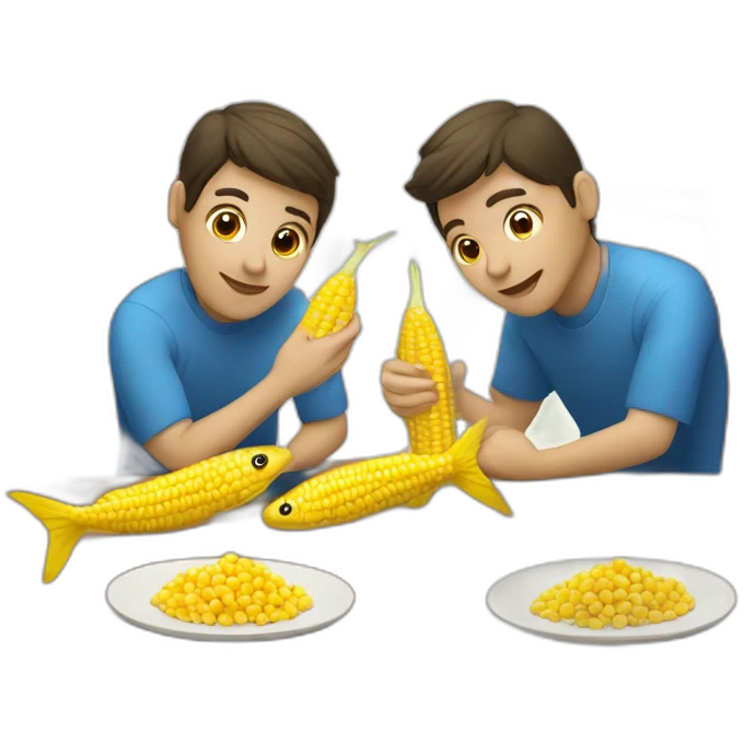 two fishes sitting at the brown table and eating corn  emoji