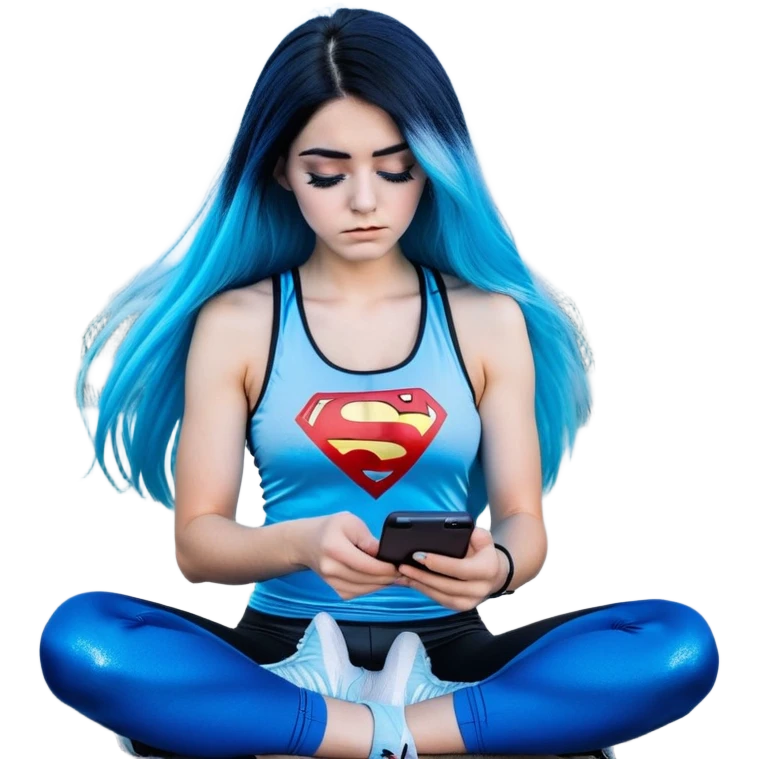 Shameful disappointed crying-very very very very big chest-texting on a samsung cell phone-very long straight flowing black to sky blue hair ombre-blue eyes-black eyeliner-long eyelashes-plastic sparkling sky blue very low cut tank top with sparkling superman logo-black leggings-nike sneakers emoji