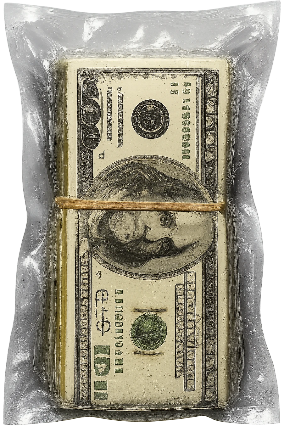 Enhance the stack of cash inside the vacuum-sealed plastic bag to be even more realistic and hyper-realistic, with crisp, detailed bills and a realistic rubber band. The bag remains clear and vacuum-sealed like retail product packaging. No background. emoji