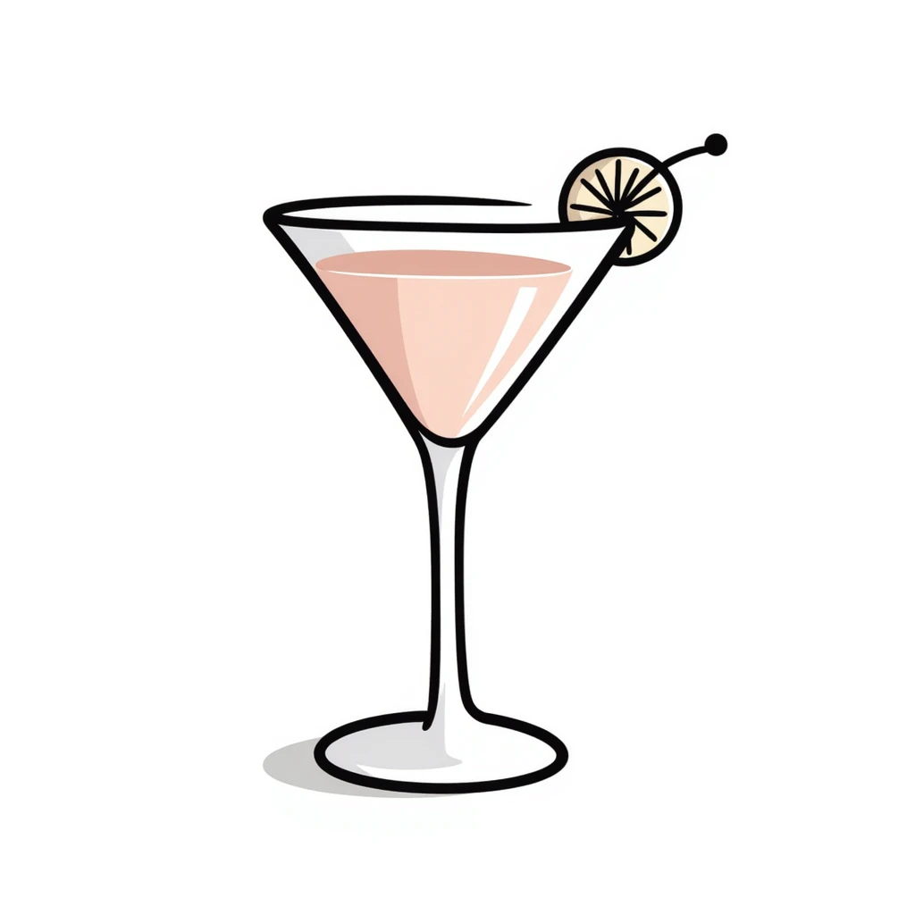 A fancy cocktail glass with decorative garnish in pastel colors (dd9fb0, ffc6d3, a3bfc9, c4bee2, f1b091), hand-drawn doodle style emoji