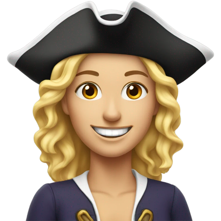 smiling white woman with earrings wearing pirate hat emoji