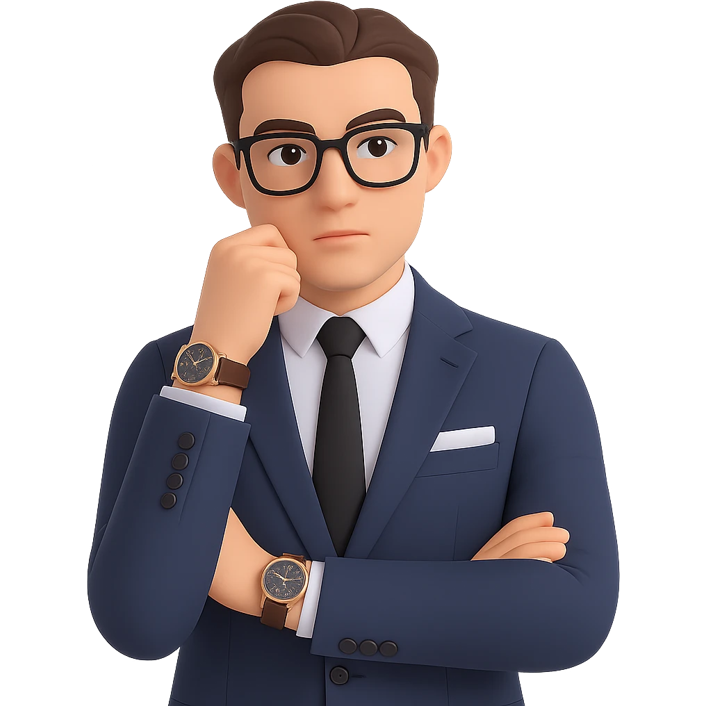Add stylish glasses to the thoughtful businessman, keeping the luxury watch visible and the expression contemplative and curious, with a clean background. Maintain a clean background and focus on the glasses and expression enhancement. emoji