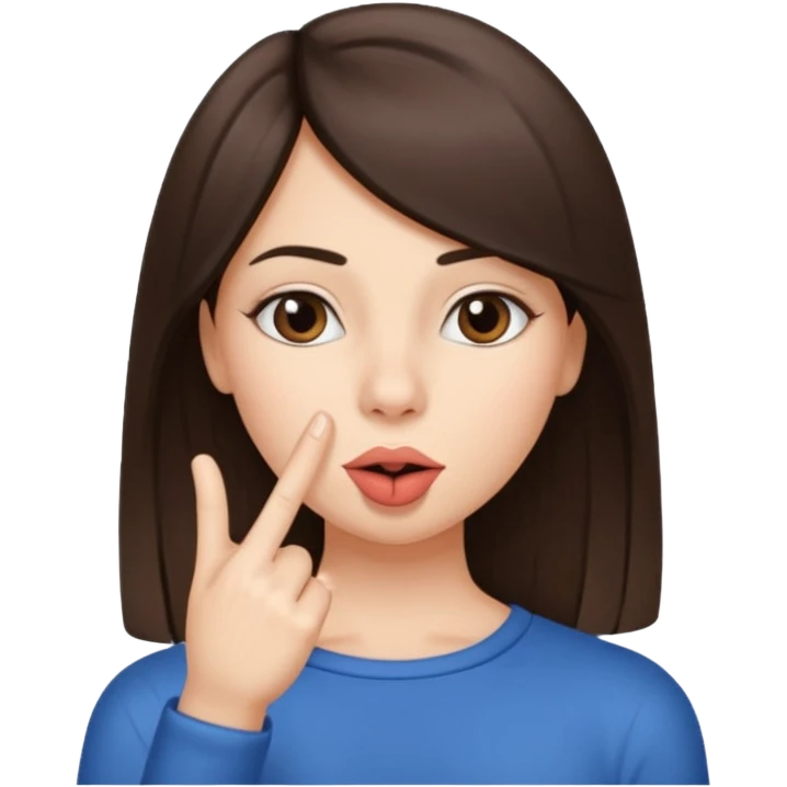 brunette girl, with straight hair, making a "be quiet" gesture emoji