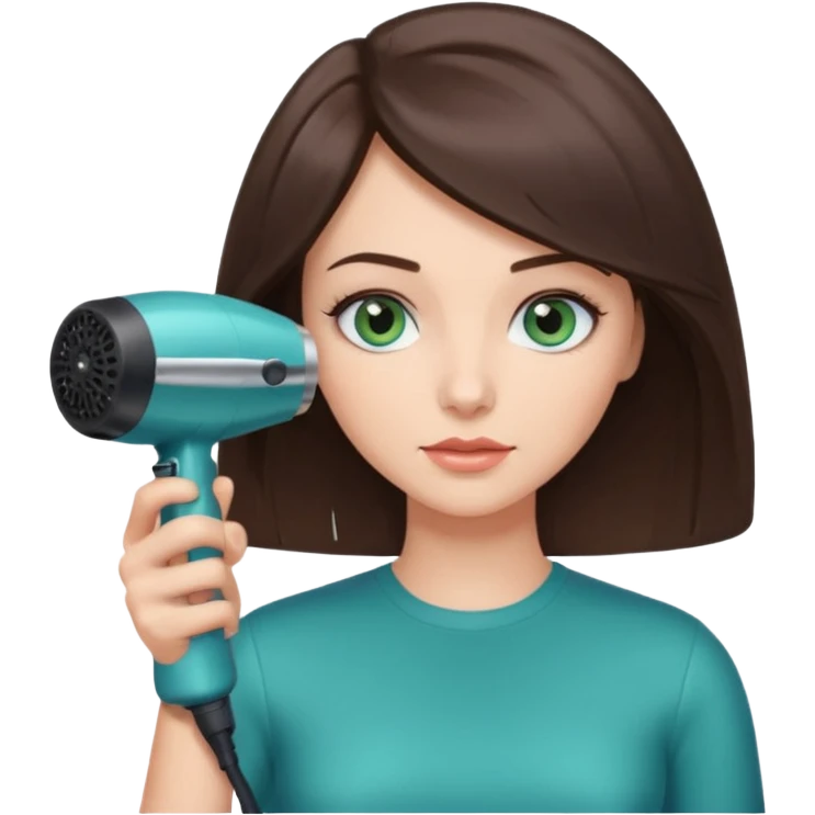 brunette bob girl hair stylist with blue green eyes holding a hair dryer emoji