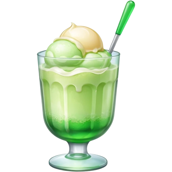 Create an emoji with a clear rounded glass, bright transparent green soda, vanilla ice cream scoop
 emoji