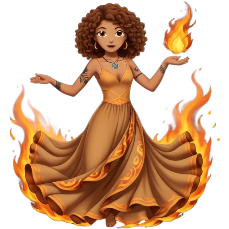 Sexy brown eyes, brown curly hair, white ethnicity with tattoo, mystic vibe, dancing in the fire in the night  emoji