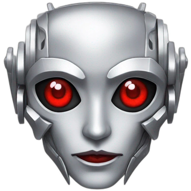 Cyber futuristic silver vampire robot face  red eyes, long ears and vampire fangs emoji