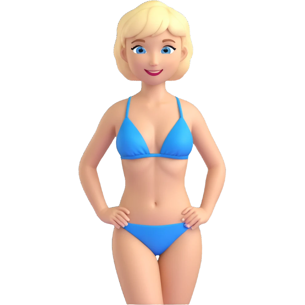 a woman with short blonde hair, blue eyes, wearing a bikini, smiling emoji