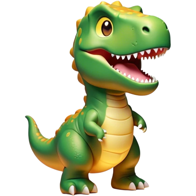 Cinematic Cute T-rex Portrait Emoji, Head tilted playfully with a big, endearing smile, featuring a compact, fierce yet friendly form with a massive head, tiny arms, and sparkling, mischievous eyes, Simplified yet irresistibly adorable features, highly detailed, glowing with a warm, inviting prehistoric glow, high shine, affectionate and lively, stylized with a touch of whimsical dinosaur charm, soft glowing outline, capturing the essence of a mischievous yet lovable T-rex that seems as if it could stomp out of the screen into your heart! emoji