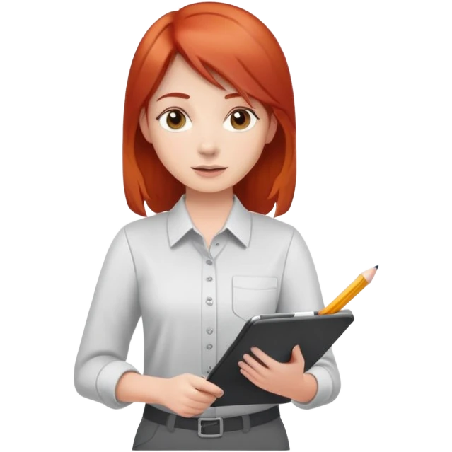 Intern or volunteer red hair holding a clipboard and pencil, ready to take notes or assist. The character wears a simple shirt and has an eager posture emoji