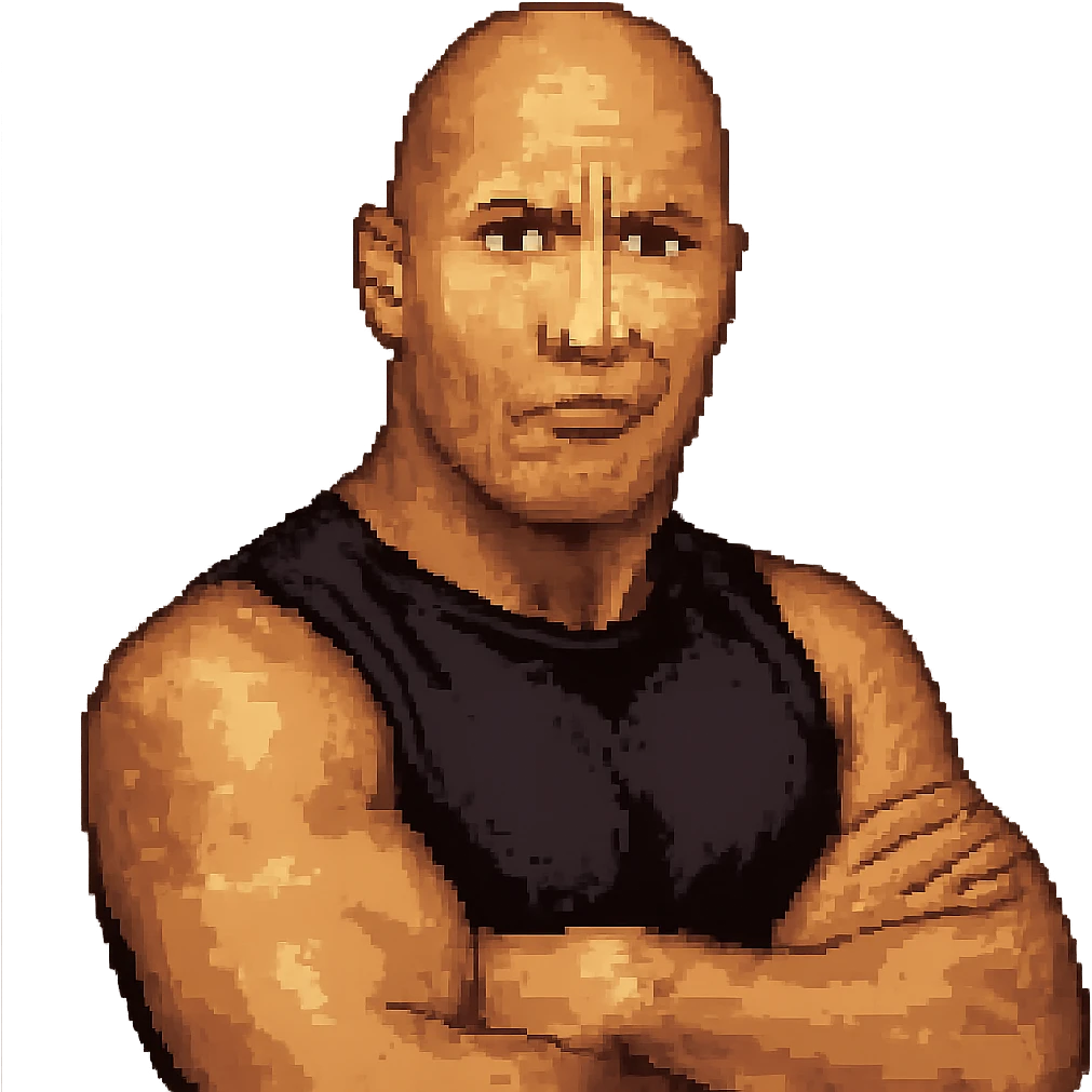 Make Dwayne Johnson do his iconic pose with one eyebrow raised, pixel art style, keep background transparent. emoji