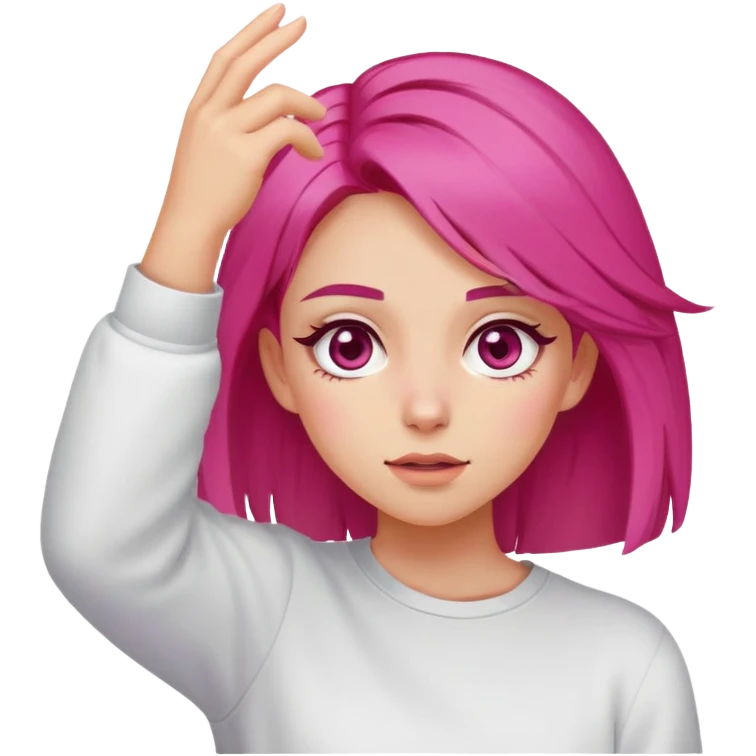 pale girl with hazel eyes and dark pink mid length hair dabbing emoji