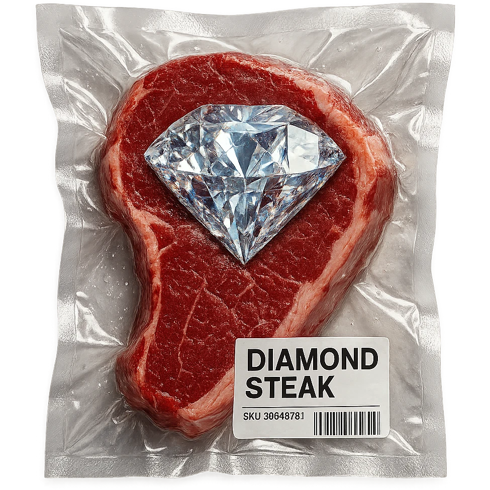 meat steak with sparkling diamond facets, glossy and puffy emoji