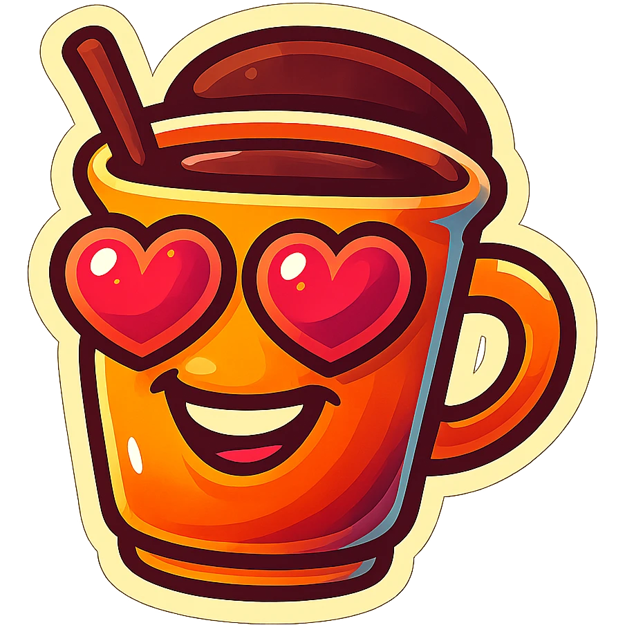 coffee cup creature, big heart eyes, big smile emoji