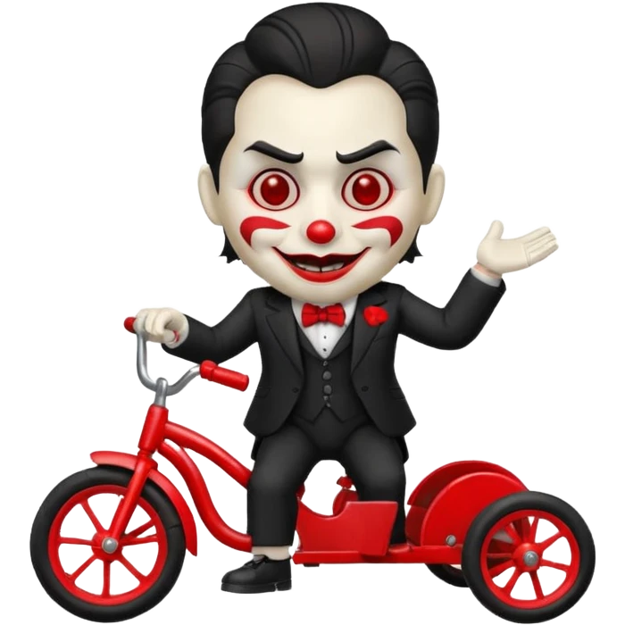 Billy the puppet from Saw on a tricycle, emoji style, menacing expression, white face, red lips, black suit, red tricycle emoji