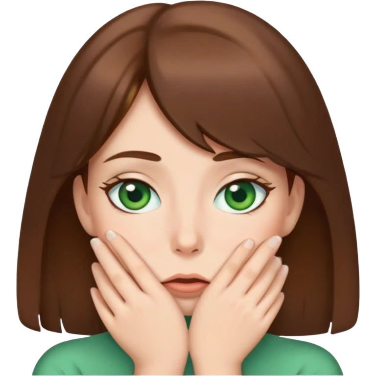 shy woman covering mouth, brown hair, green eyes emoji