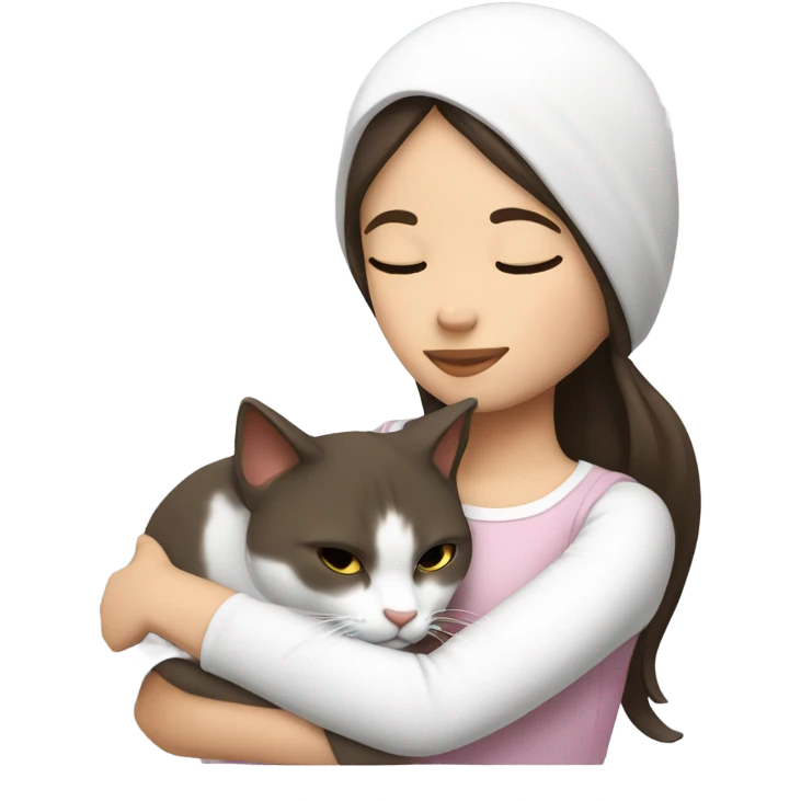 girl dark brown hair sleep with white cat with ash spot clearance on head in her arm emoji