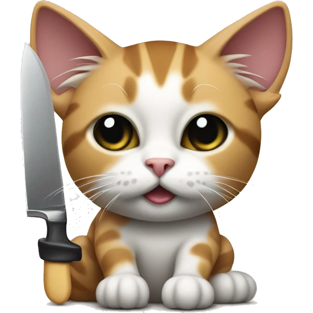 A tricolor cat with a black spot on its eye holds a knife in its paws emoji