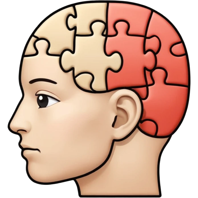Minimalistic flat vector icon, iOS style, thin black contour on white background. Human head profile with a brain inside, split into puzzle pieces. No text, no shadows. emoji
