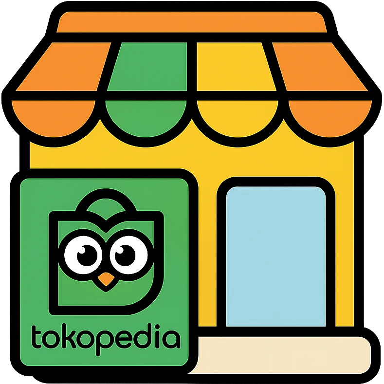 store with Tokopedia logo in pastel colors, colored icon style with black outline emoji