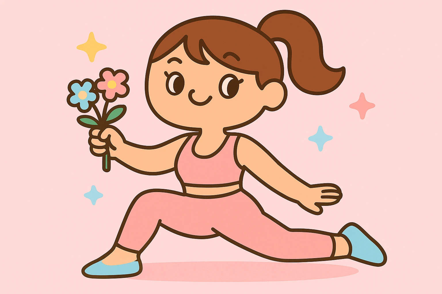 Make the stylish pilates girl in pink, holding flowers, in a pastel aesthetic, using soft pastel colors and a gentle vibe. emoji