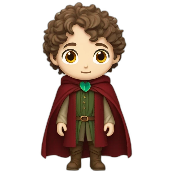 Frodo Baggins with bright blue eyes, light skin, wearing a dark red shirt, dark red waistcoat, and a sage green cloak clasped together by a leaf shaped brooch emoji