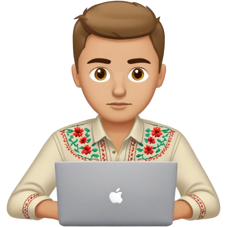 A Ukrainian guy in an embroidered shirt works at his laptop emoji