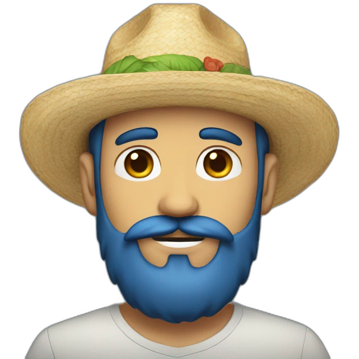 man with black beard and mustache wearing straw hat and blue hair emoji