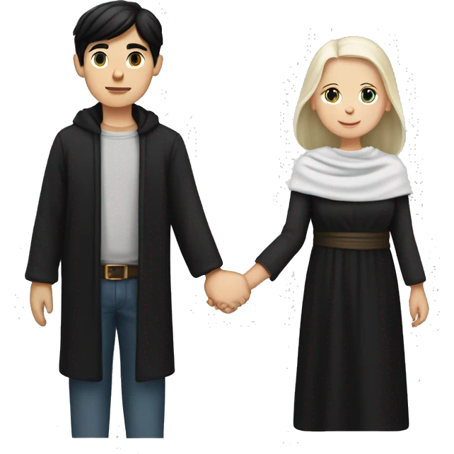 Black-haired, white-skinned, straight-haired boy and white-skinned girl with a black shawl holding hands
 emoji